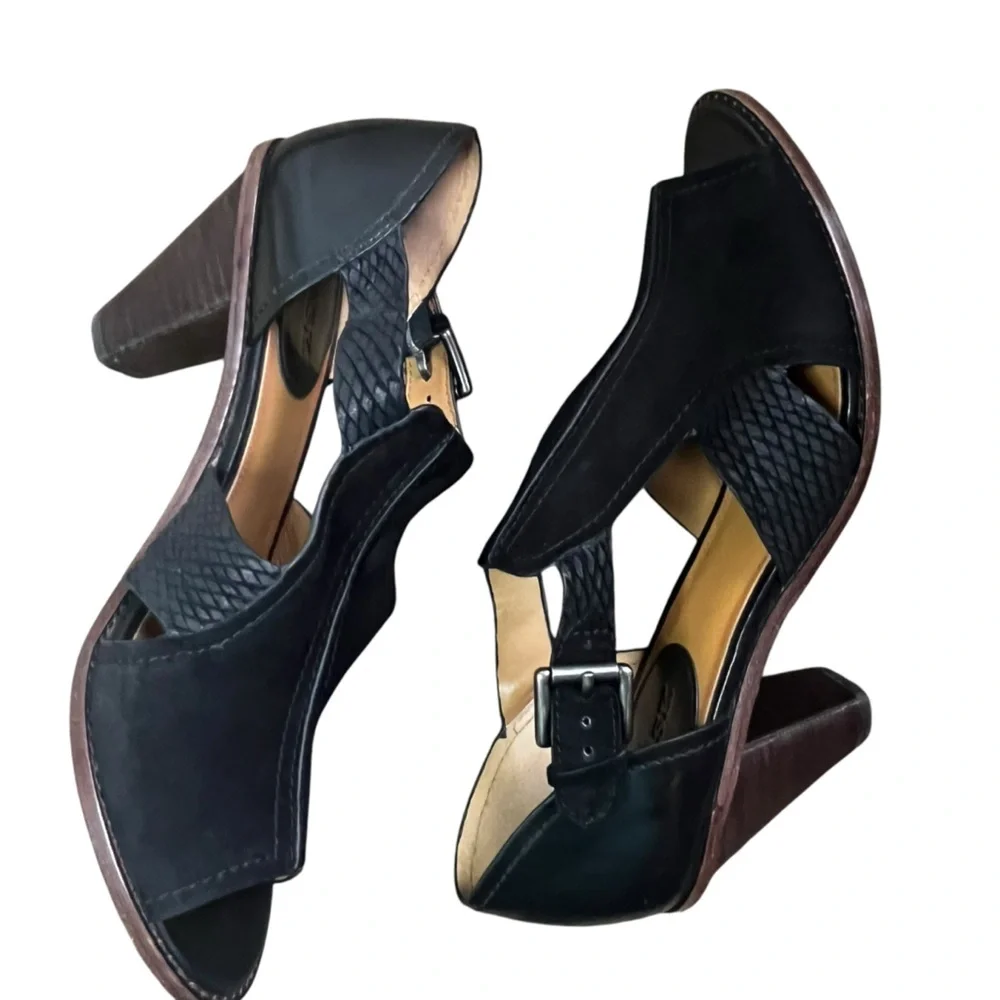 Trask black suede peep toe heels size 10